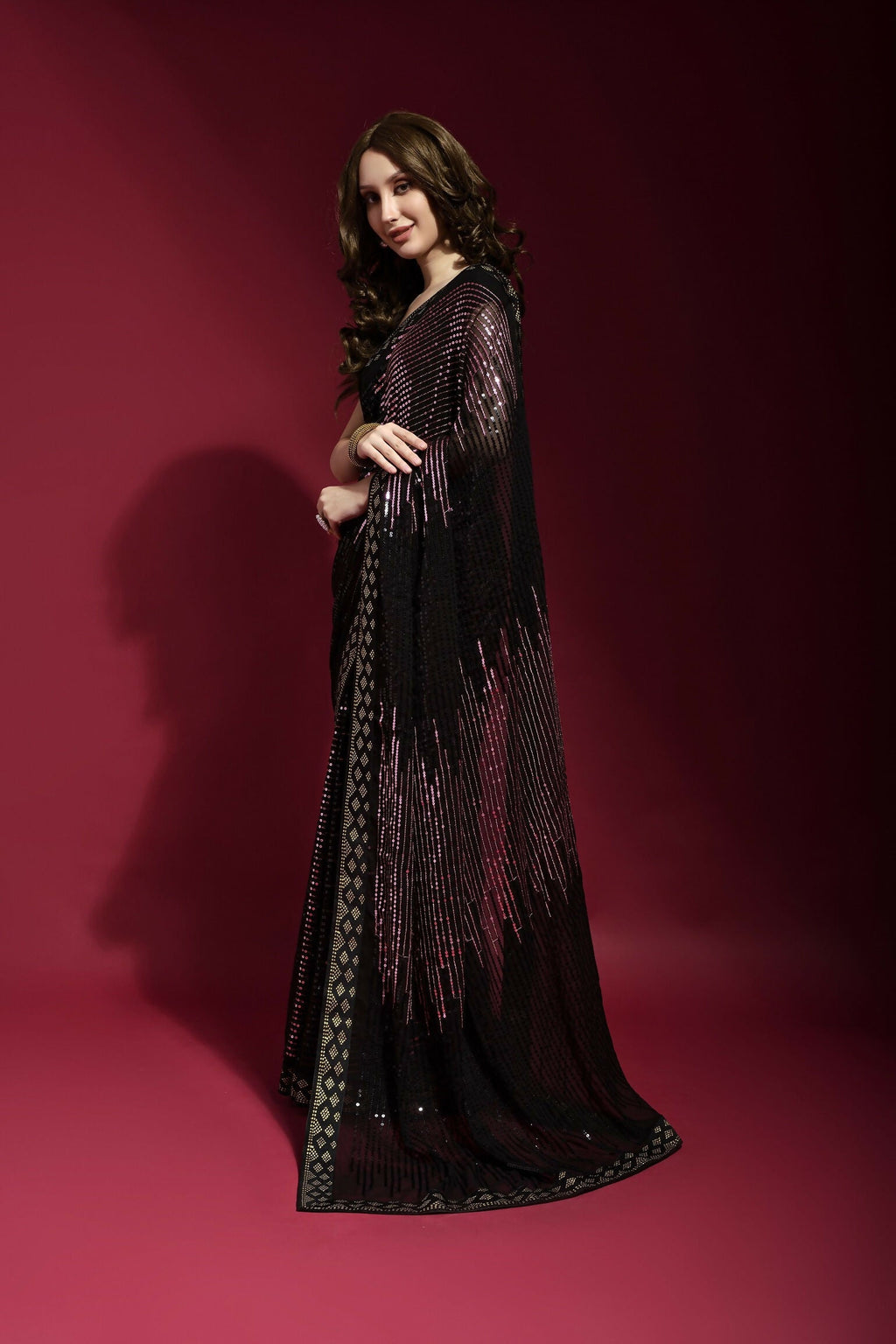 Vegaa Fashion Black Georgette Embroidered Party Wear Saree | Grocsy