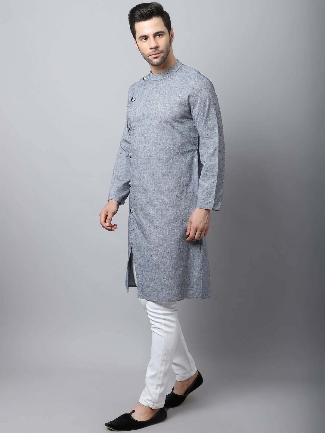 Even Apparels Grey Pure Cotton Sherwani Men's Kurta With Asymetrical Cut | Grocsy