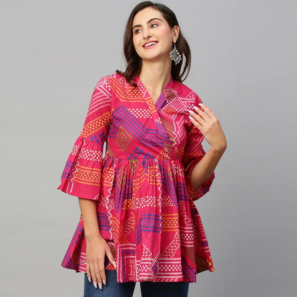 Pink Cotton Geometric Printed A-line Top - Bosky | Grocsy