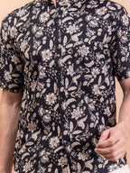 Miravan Men's Floral Printed Half Sleeve Spread Collar Ethnic Motifs Black Slim Fit Shirt | Grocsy