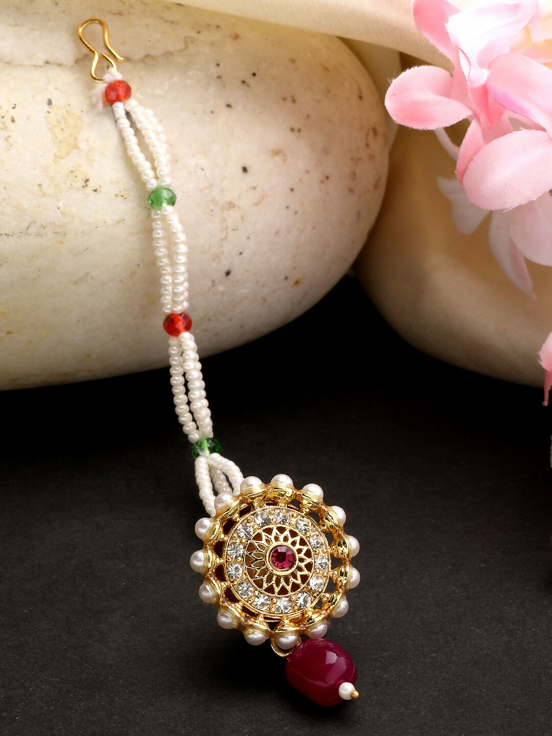 NVR Women's Gold-Polished CZ Stone-Studded Borla Maang Tikka | Grocsy