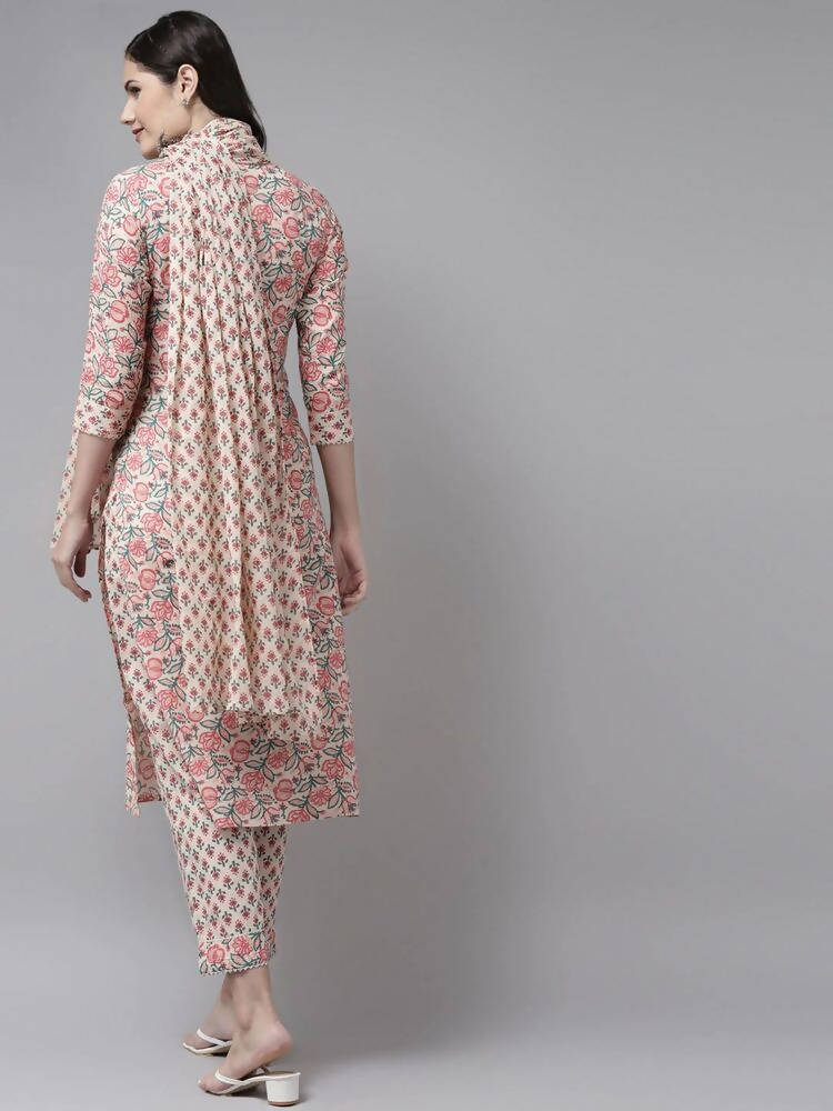 Yufta Pink Ethnic Motifs Printed Regular Pure Cotton Kurta with Trouser & Dupatta | Grocsy