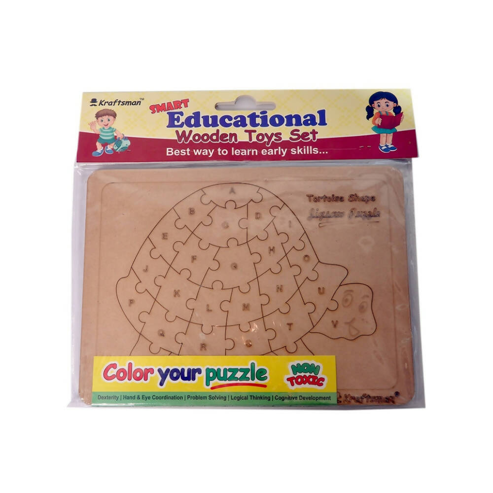 Kraftsman English Alphabets Wooden Jigsaw Puzzles Tortoise Shape Puzzle | Color Kit Included | Grocsy