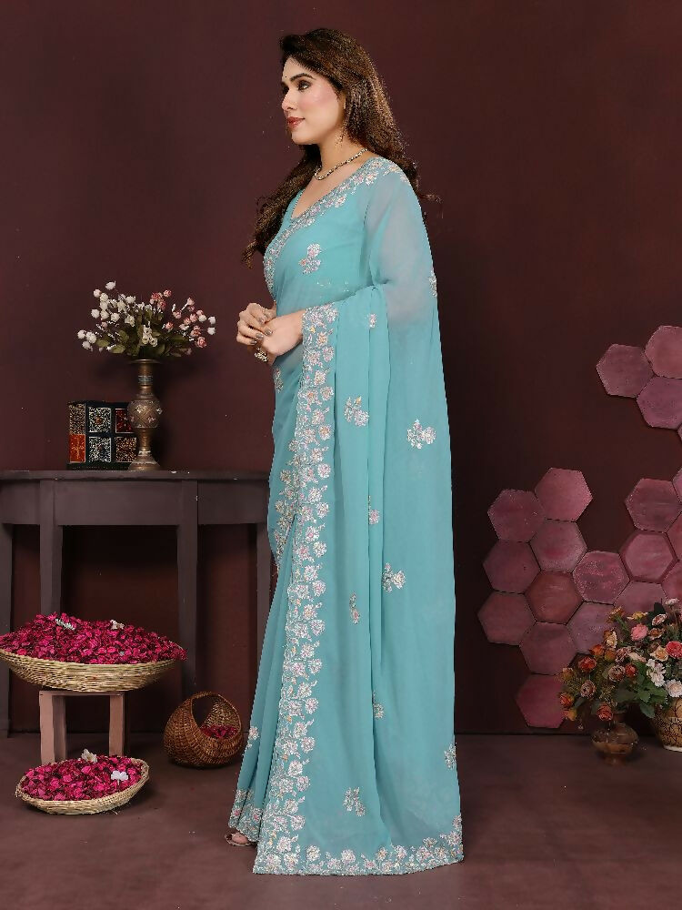 PR Fashion Turquoise Georgette Embroidery Work With Embroidery Work Blouse Saree | Grocsy