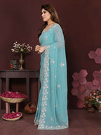 PR Fashion Turquoise Georgette Embroidery Work With Embroidery Work Blouse Saree | Grocsy