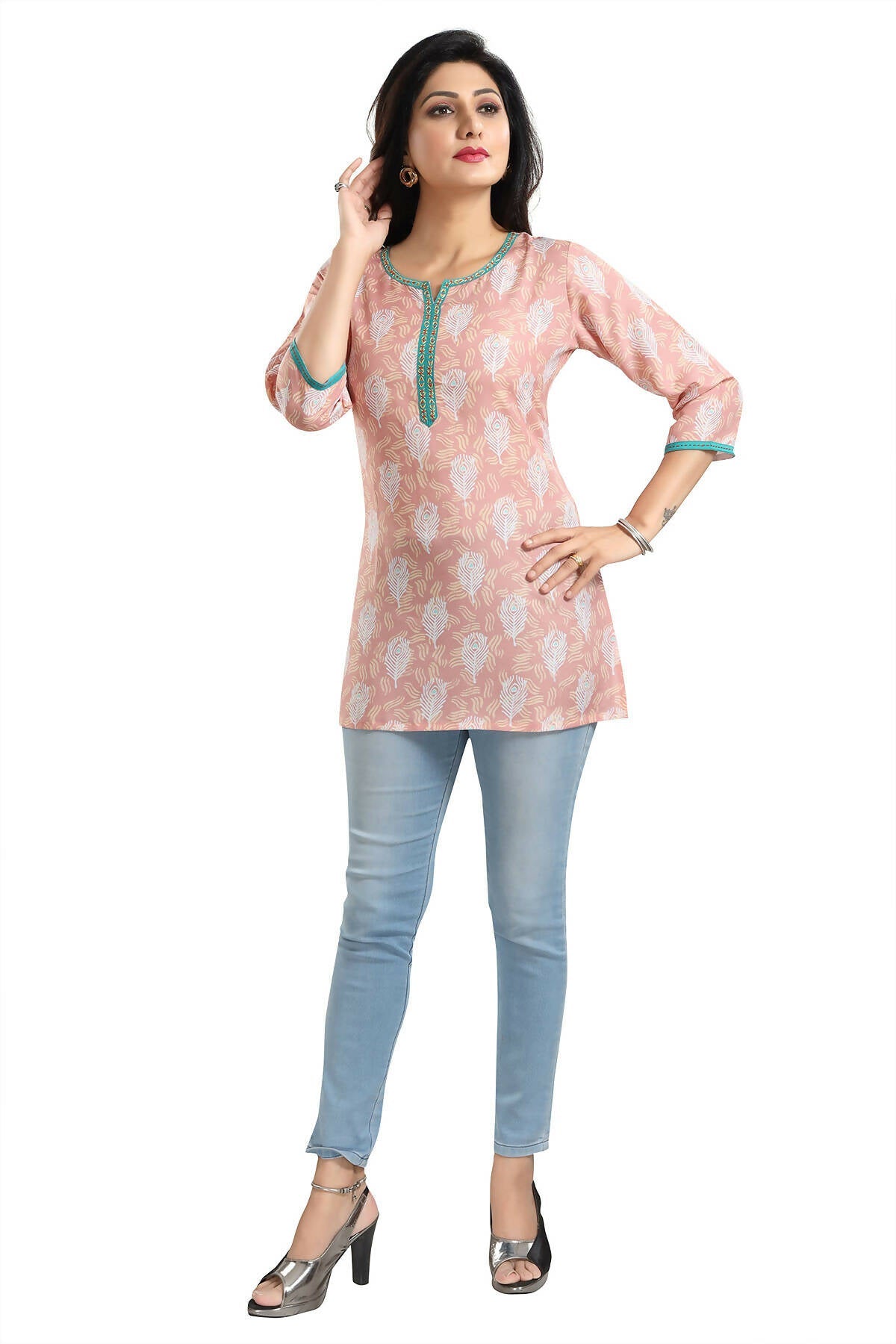 Snehal Creations Pretty Pastel Peach Rayon Short Kurti Tunic Top | Grocsy