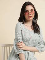 Light Blue Poly Cotton Yoke Embroidered A-line Top - Tarini | Grocsy