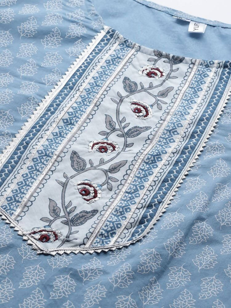 Yufta Women Blue and white printed kurta with Palazzo and Dupatta Set | Grocsy