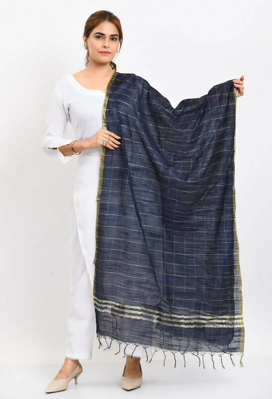 Mominos Fashion Moeza Women's Cotton Zari Box Navy Blue Dupatta | Grocsy