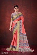 Red Poly Habotai Silk Foil Print Saree with Unstitched Blouse - Kathari | Grocsy