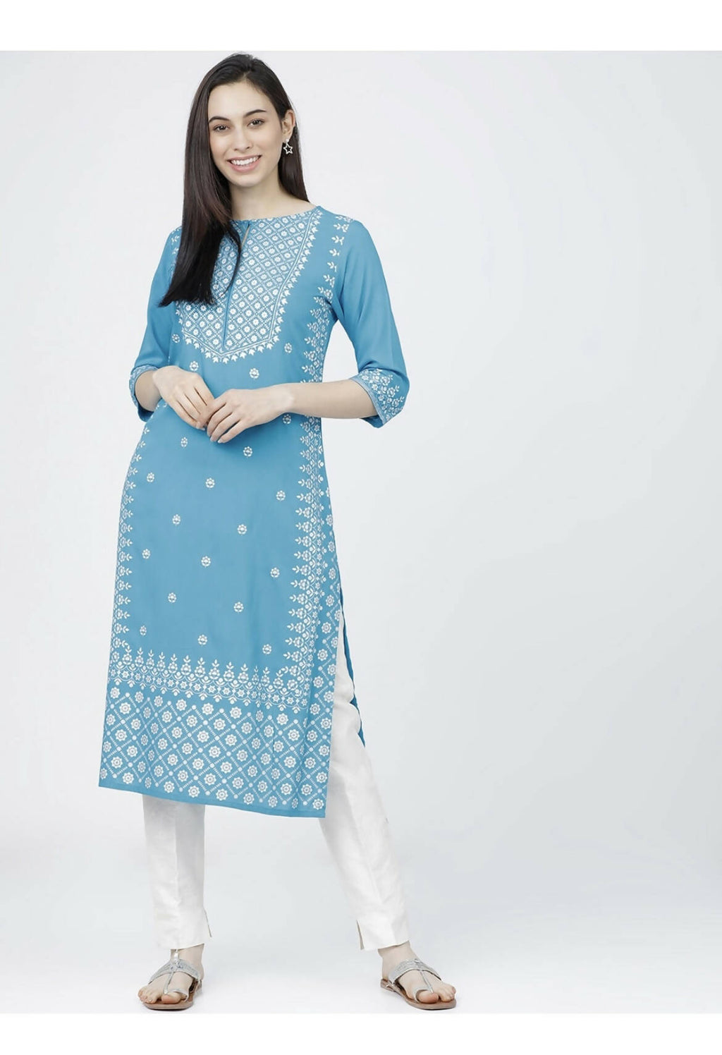 Indian Clothing Cheera Embellished Daily Wear Cotton Blend Kurta - Sky Blue | Grocsy