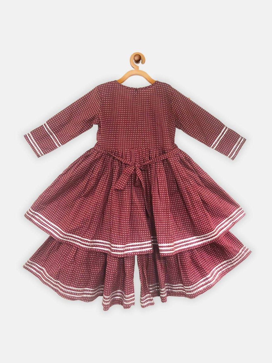 Ahalyaa Maroon Pure Cotton Digital Printed Kids Kurta Sharara Set For Girls | Grocsy