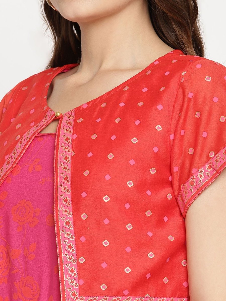 Ahalyaa Pink Crepe Orange khari Print Kurta with Jacket | Grocsy