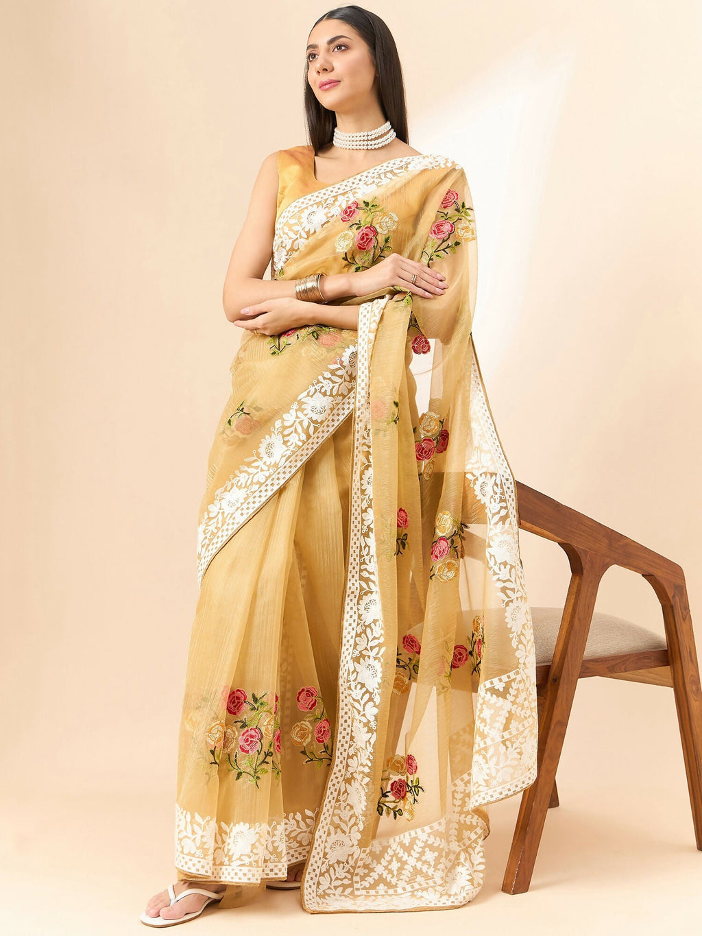 Beige Organza Floral Embroidered Saree with Unstitched Blouse Piece - Roozal | Grocsy