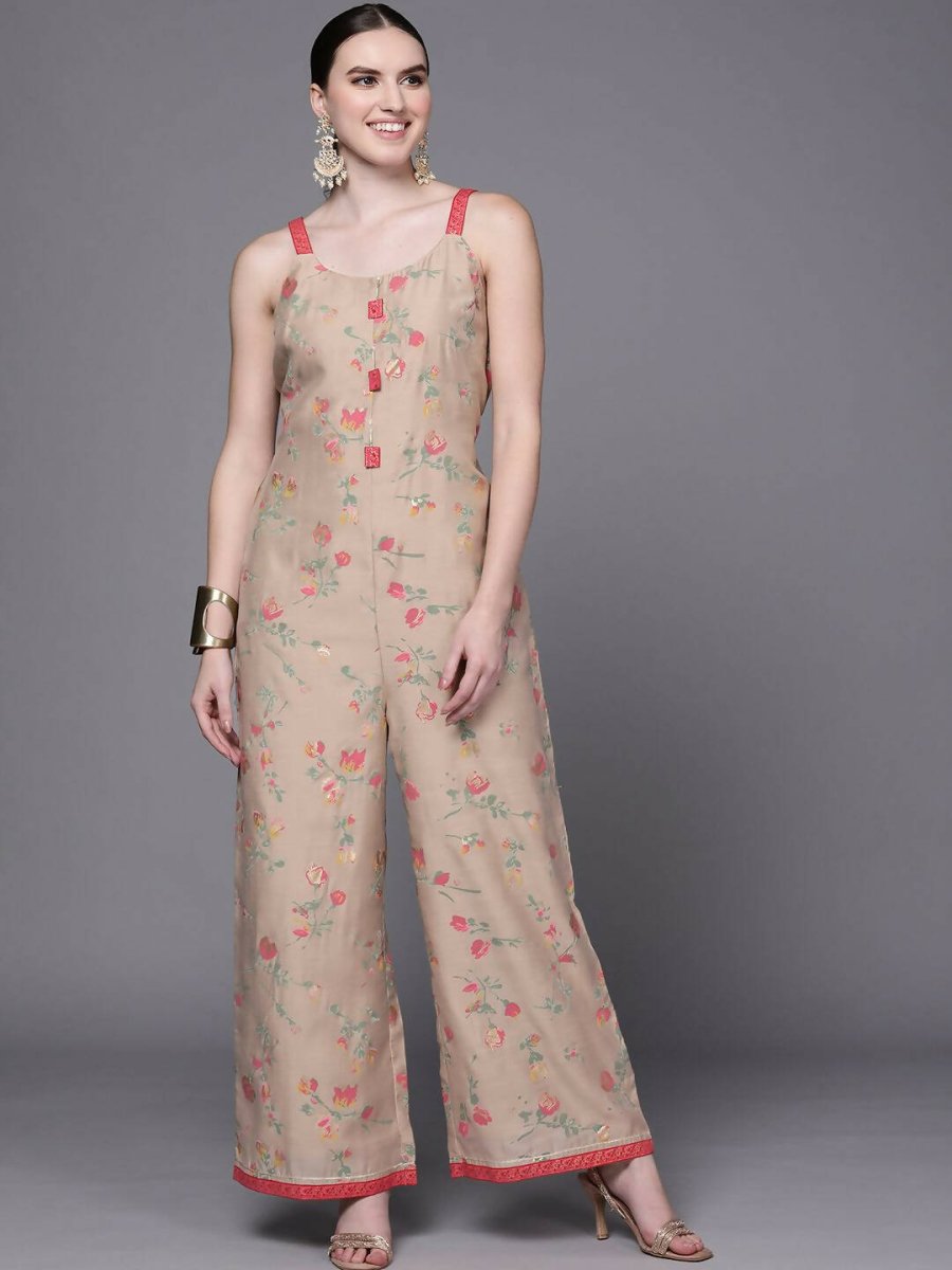 Ahalyaa Women Tan Printed Basic Jumpsuit | Grocsy