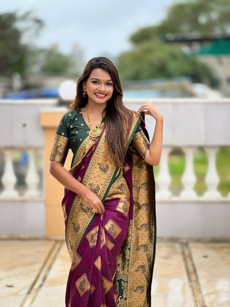 PR Fashion Wine Soft Banarasi Silk With Zari Weaving Meenakari Design Saree | Grocsy