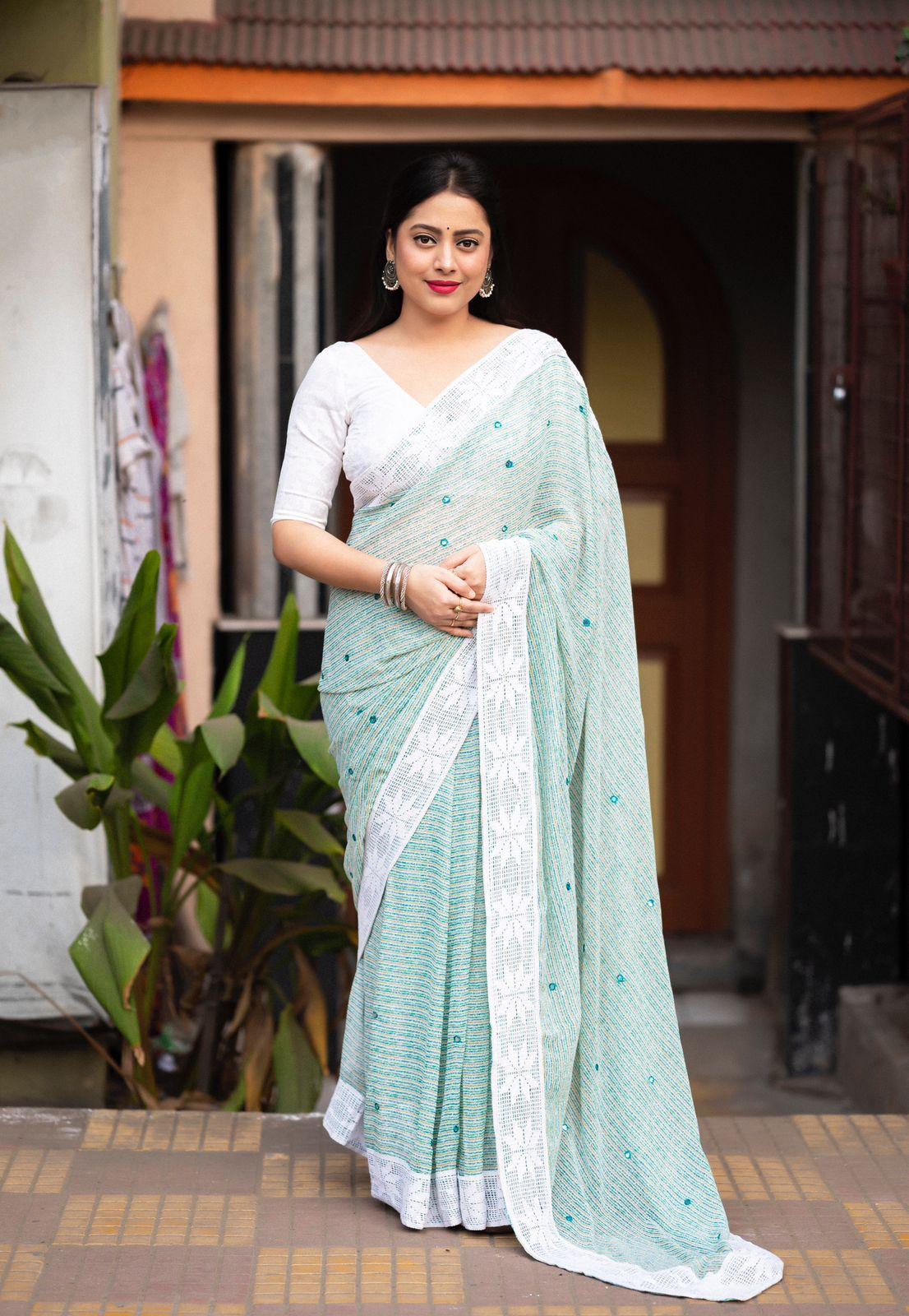 Blue Poly Georgette Ethnic Motifs Saree with Unstitched Blouse - Hiral Fashion | Grocsy
