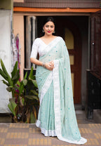 Blue Poly Georgette Ethnic Motifs Saree with Unstitched Blouse - A2M | Grocsy