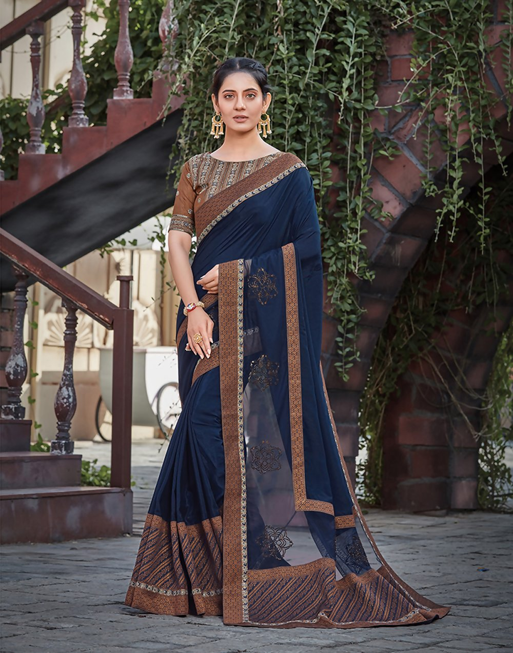 Navy Blue Silkresham And Cord Embroidery, Applique Saree - Norita Hit | Grocsy