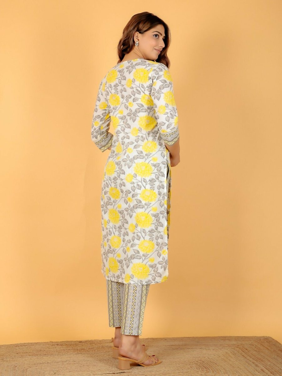 Aramya Yellow Soft Cotton Floral Print Straight Kurta Pant Set for Women | Grocsy