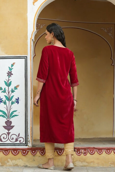 Juniper Maroon Ethnic Motif Printed Velvet Straight Kurta With Zari Work Embroidery | Grocsy
