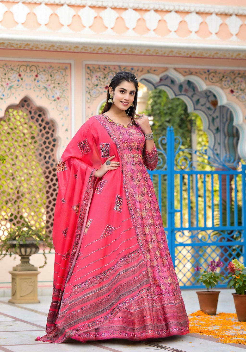 Functional Designer Dark Pink Dola Silk Anarkali suit with Dupatta - Ramya | Grocsy