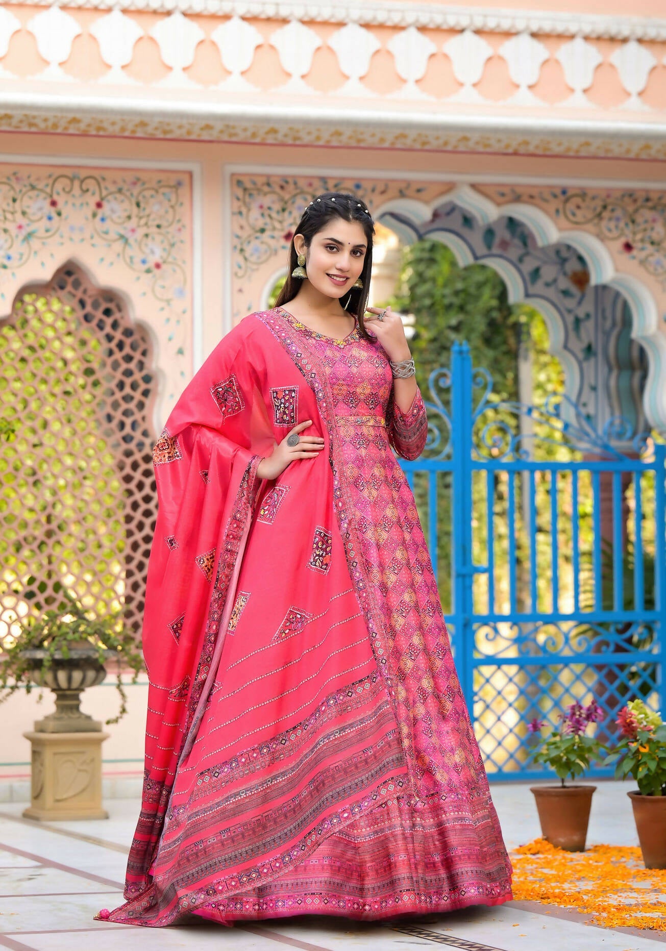 Functional Designer Dark Pink Dola Silk Anarkali suit with Dupatta - Ramya | Grocsy
