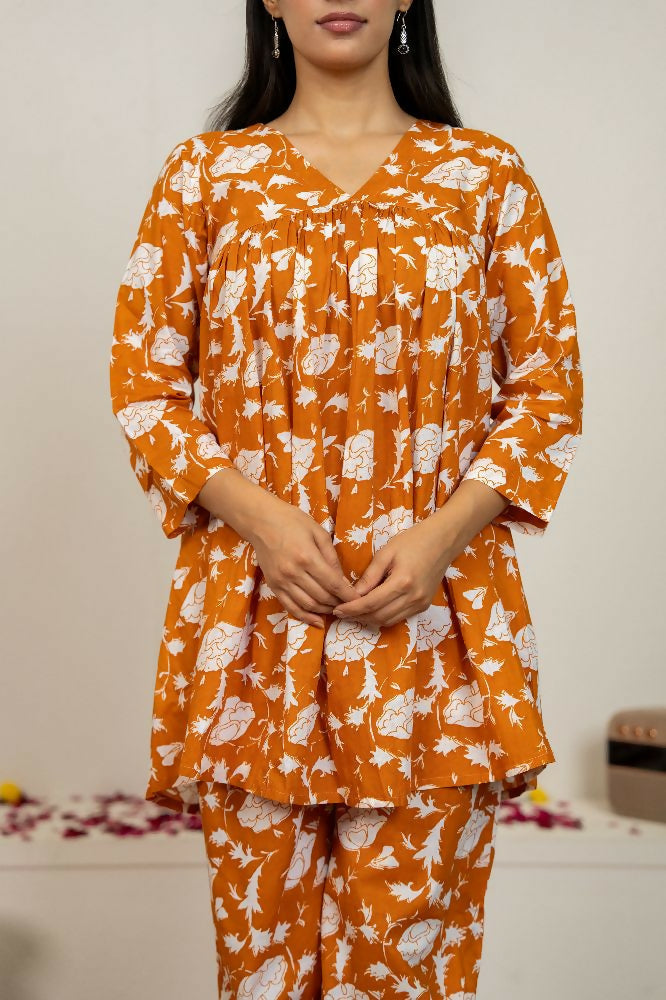 Joban Fashion Peach Hand Block Print Cotton Kurta Set | Grocsy