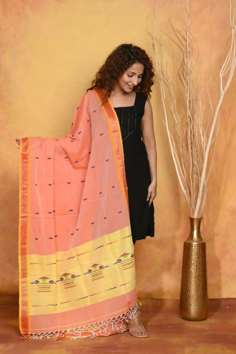 Very Much Indian Handloom Pure Cotton Paithani Dupatta Orange | Grocsy