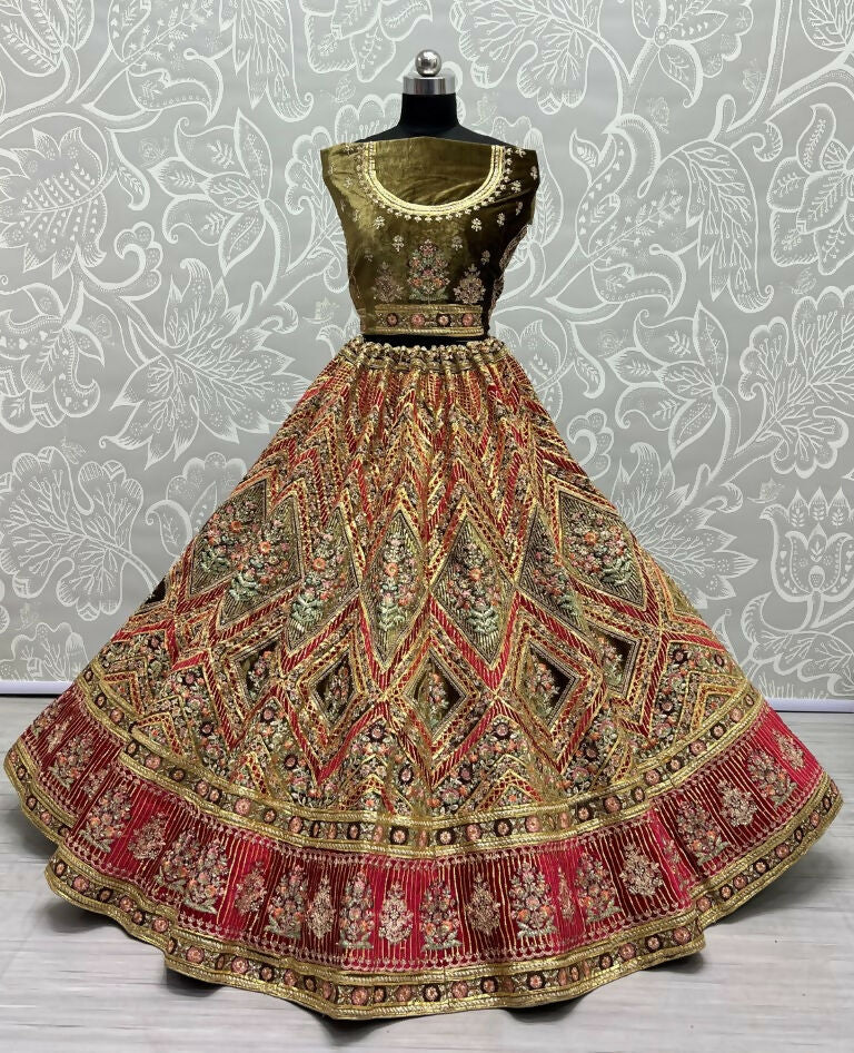 Jyoti Fashion Women's Pista Green Velvet Golden Gotta, Multi Thread Embroidered with Diamond Work Wedding Lehenga Choli | Grocsy