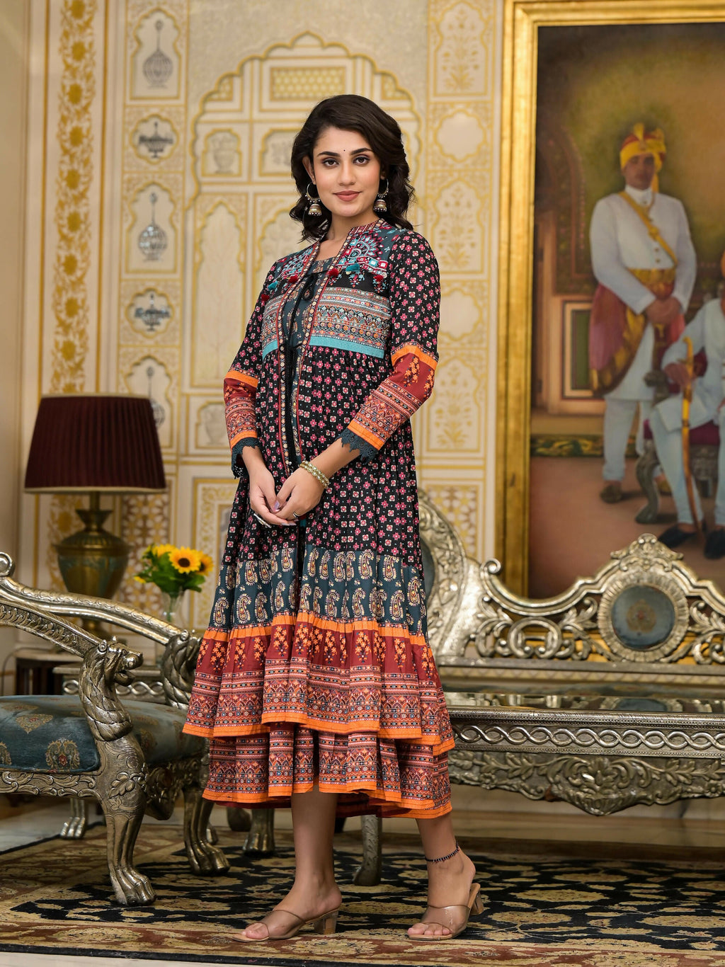 Juniper Women's Black Ethnic Motif Printed Cotton Dress With Coins Thread & Mirror Work | Grocsy