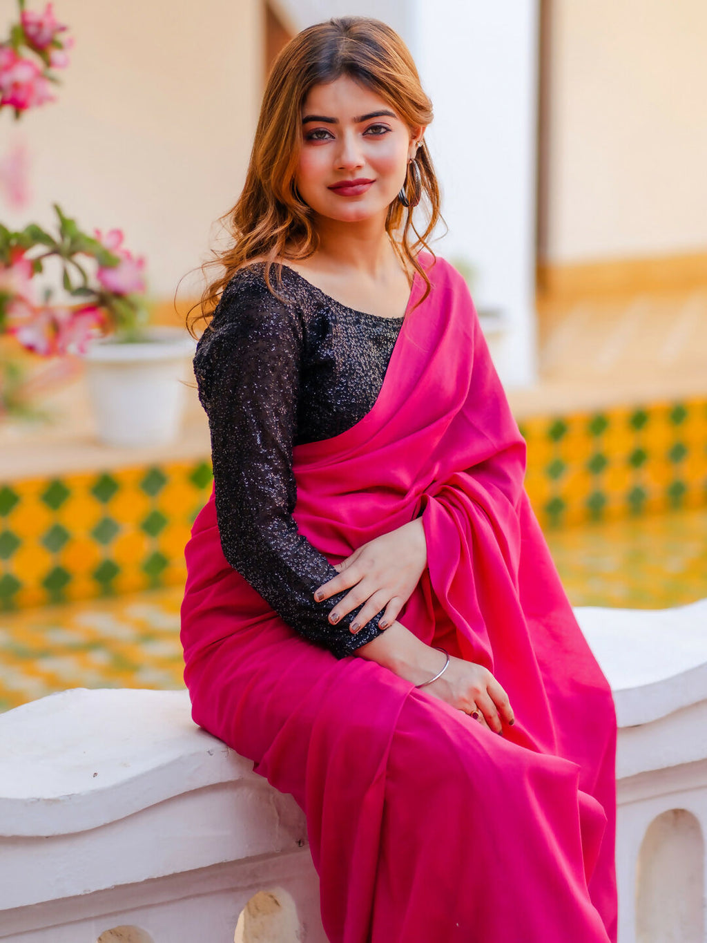Zibaa Hand-Dyed Mul Cotton Pink Saree with Tassels | Grocsy