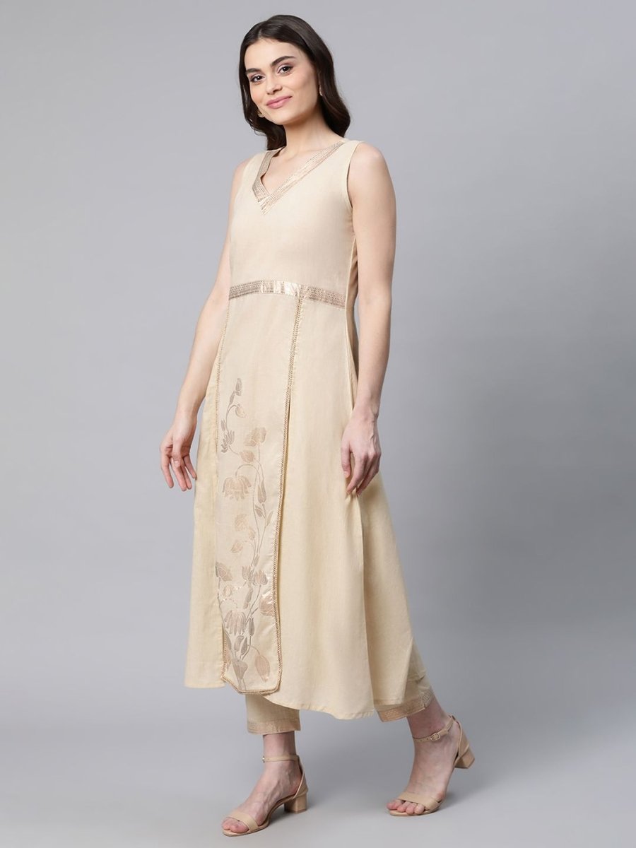 Ahalyaa Women Beige Pure Cotton Printed Floral Kurta With Trousers | Grocsy