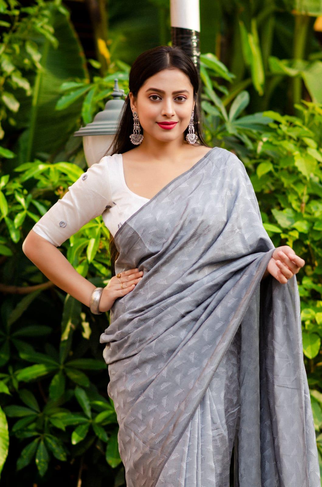 Grey Poly Georgette Woven Design Saree with Unstitched Blouse - Hiral Fashion | Grocsy