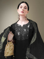 Jyoti Fashion Women's Black Cotton Blend Embroidery & Fancy Lace work Kurta with Trouser & Dupatta | Grocsy