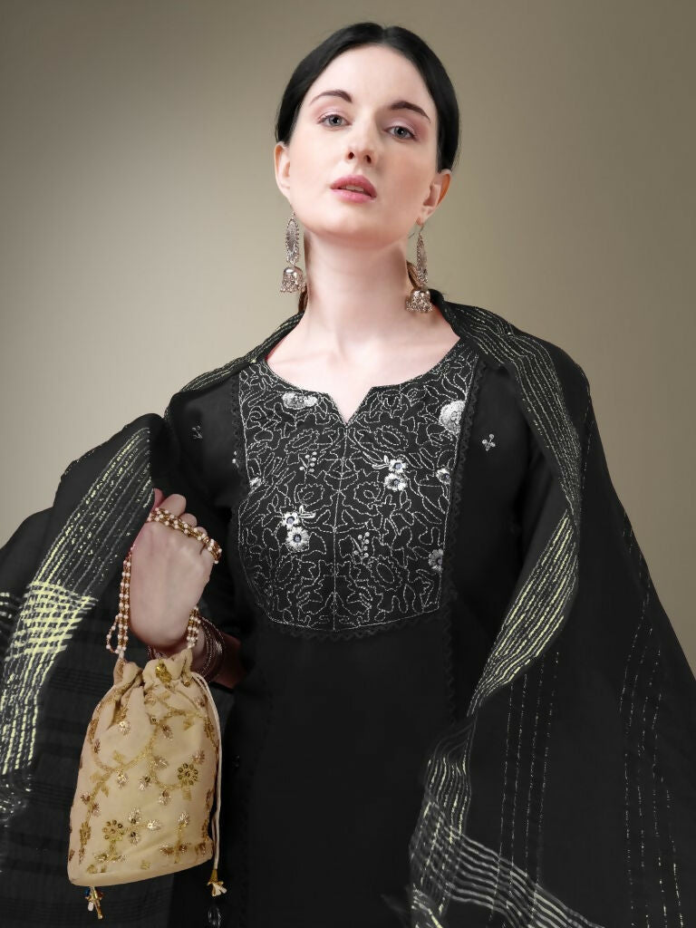 Jyoti Fashion Women's Black Cotton Blend Embroidery & Fancy Lace work Kurta with Trouser & Dupatta | Grocsy