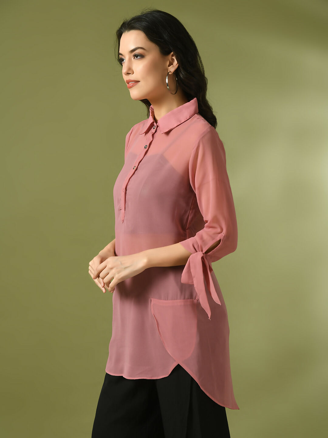 Myshka Women's Pink Solid Georgette Longline Party Sheer Tunic | Grocsy