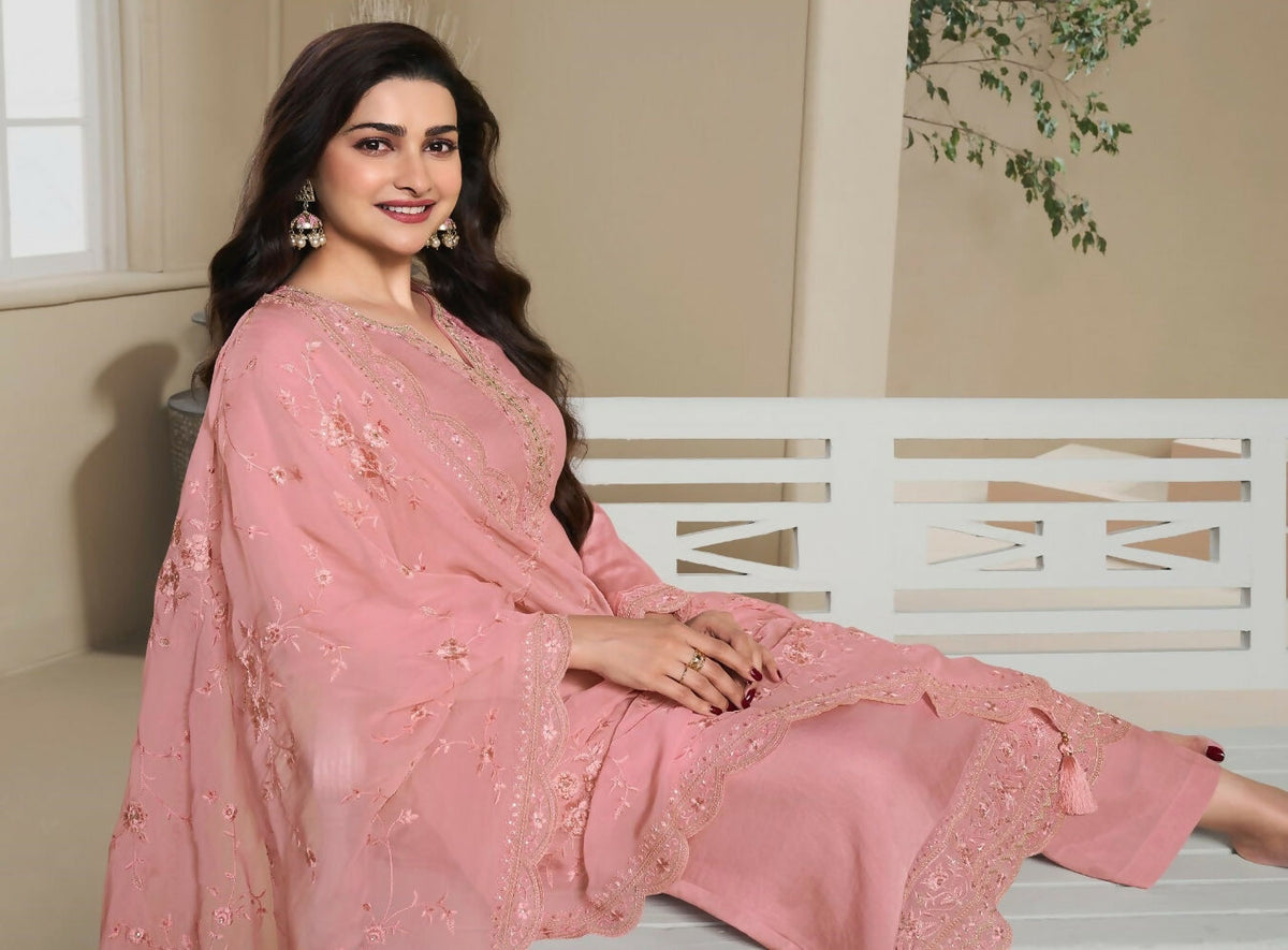 Anaita Peach Heavy Natural Crepe Stitched Suit with Embroidery & Zarkhan Work | Grocsy