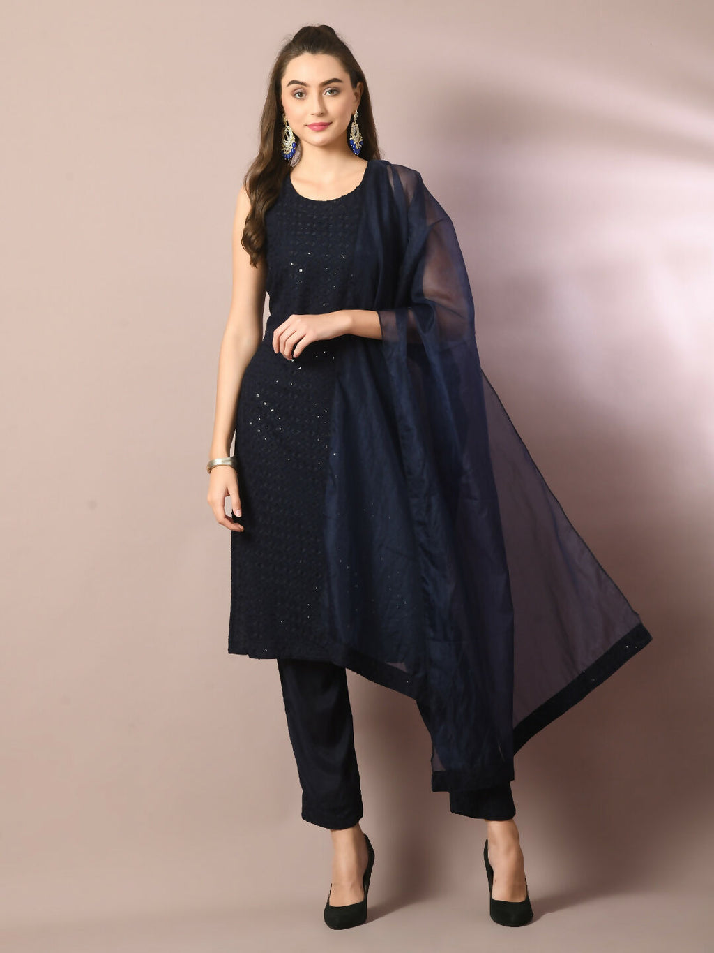 Myshka Women's Navy Blue Embroidered Cotton Straight Party Kurta Set With Dupatta | Grocsy