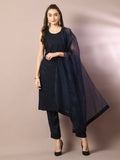 Myshka Women's Navy Blue Embroidered Cotton Straight Party Kurta Set With Dupatta | Grocsy