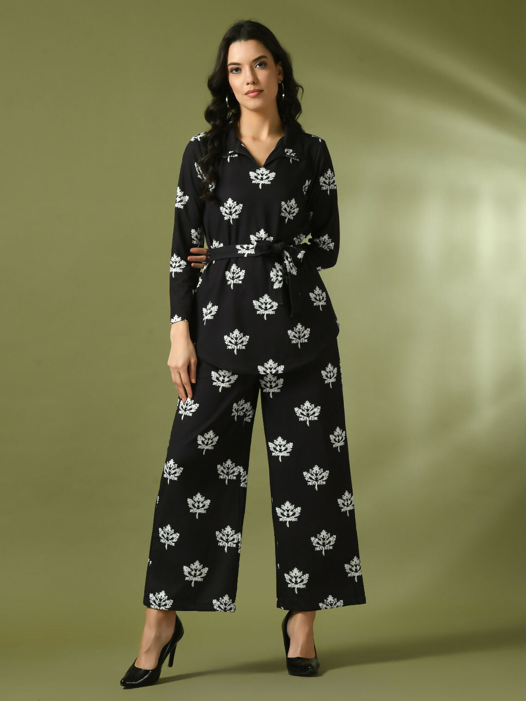 Myshka Women's Black Printed Polo Collar Party Top With Trousers Co-ord set | Grocsy