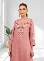 Joban Fashion Pink Linen Embroidered Readymade Long Kurta With Pant | Grocsy