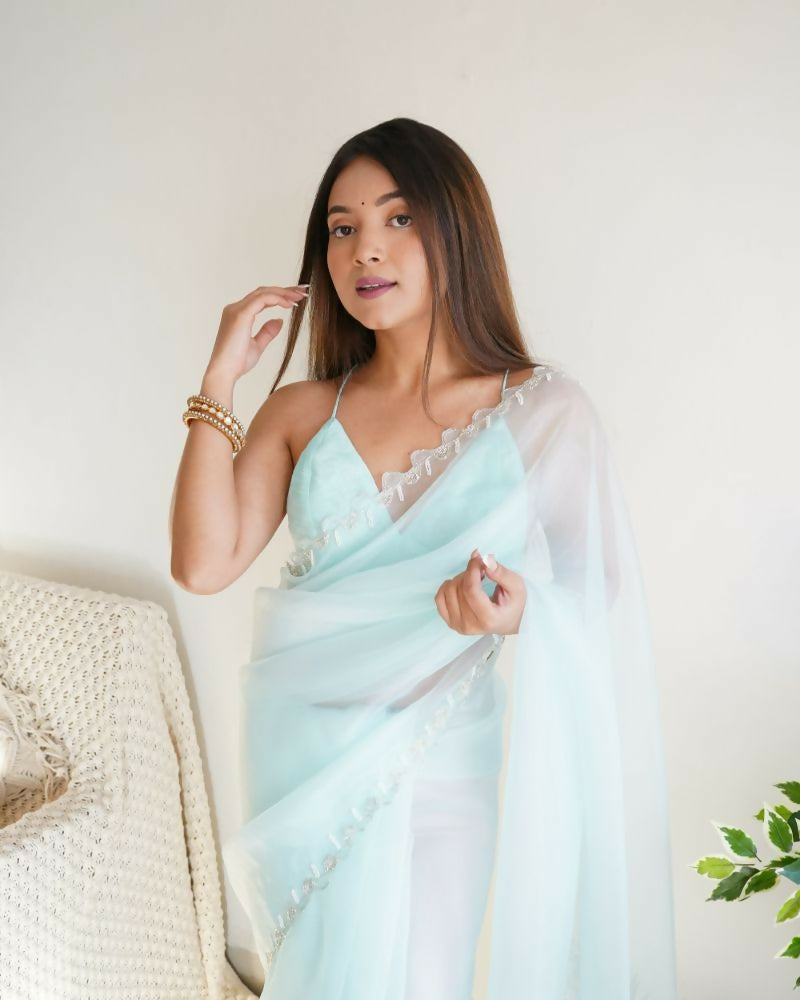 Vamsee Sheetal Sky Organza Saree | Grocsy