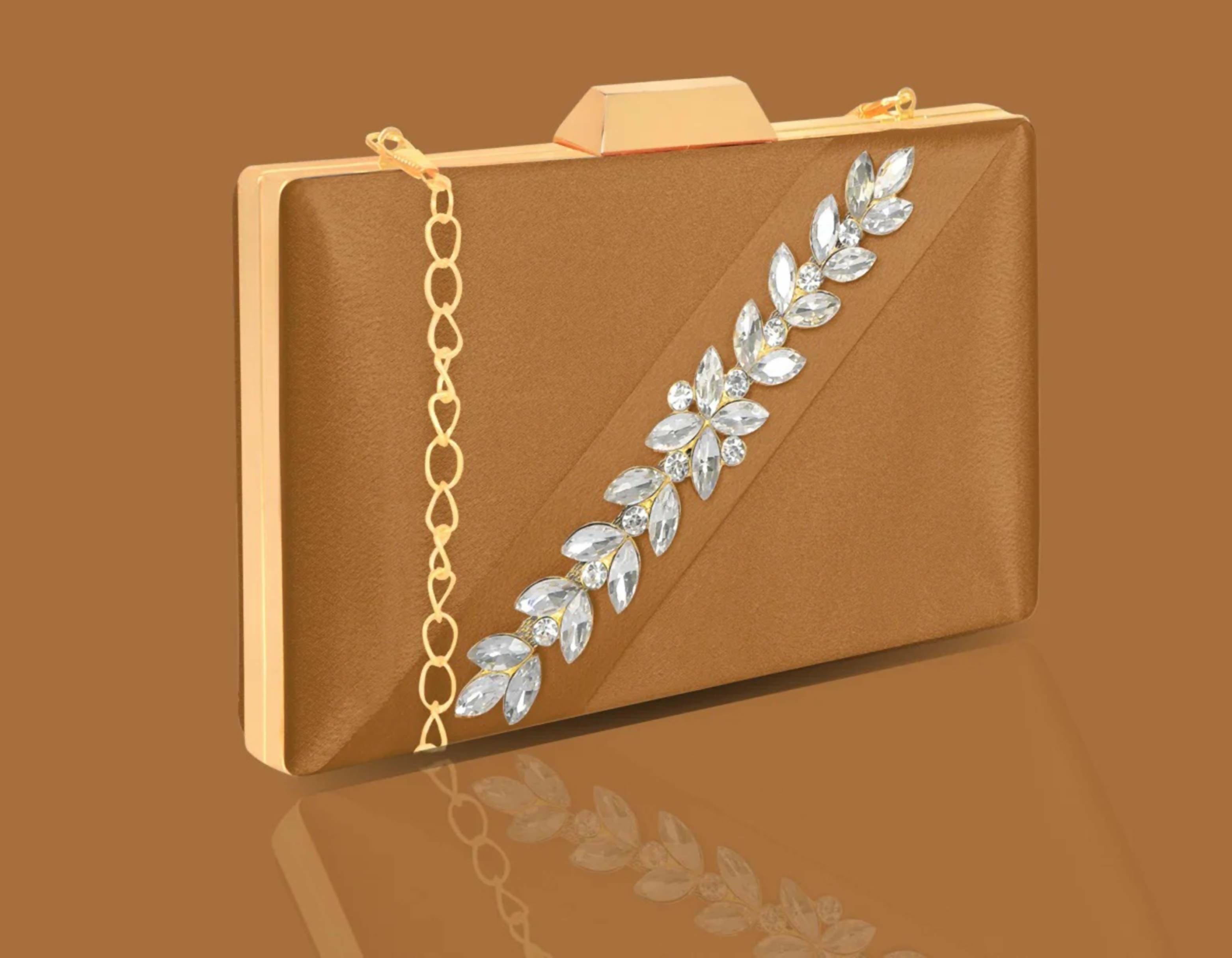 Joban Fashion Luxurious Satin Evening Clutch With Detachable Chain Strap - Brown | Grocsy