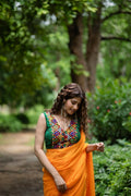 Amodini Designer Studio Women's Green Chinon Lehriya Sleeveless Blouse | Grocsy