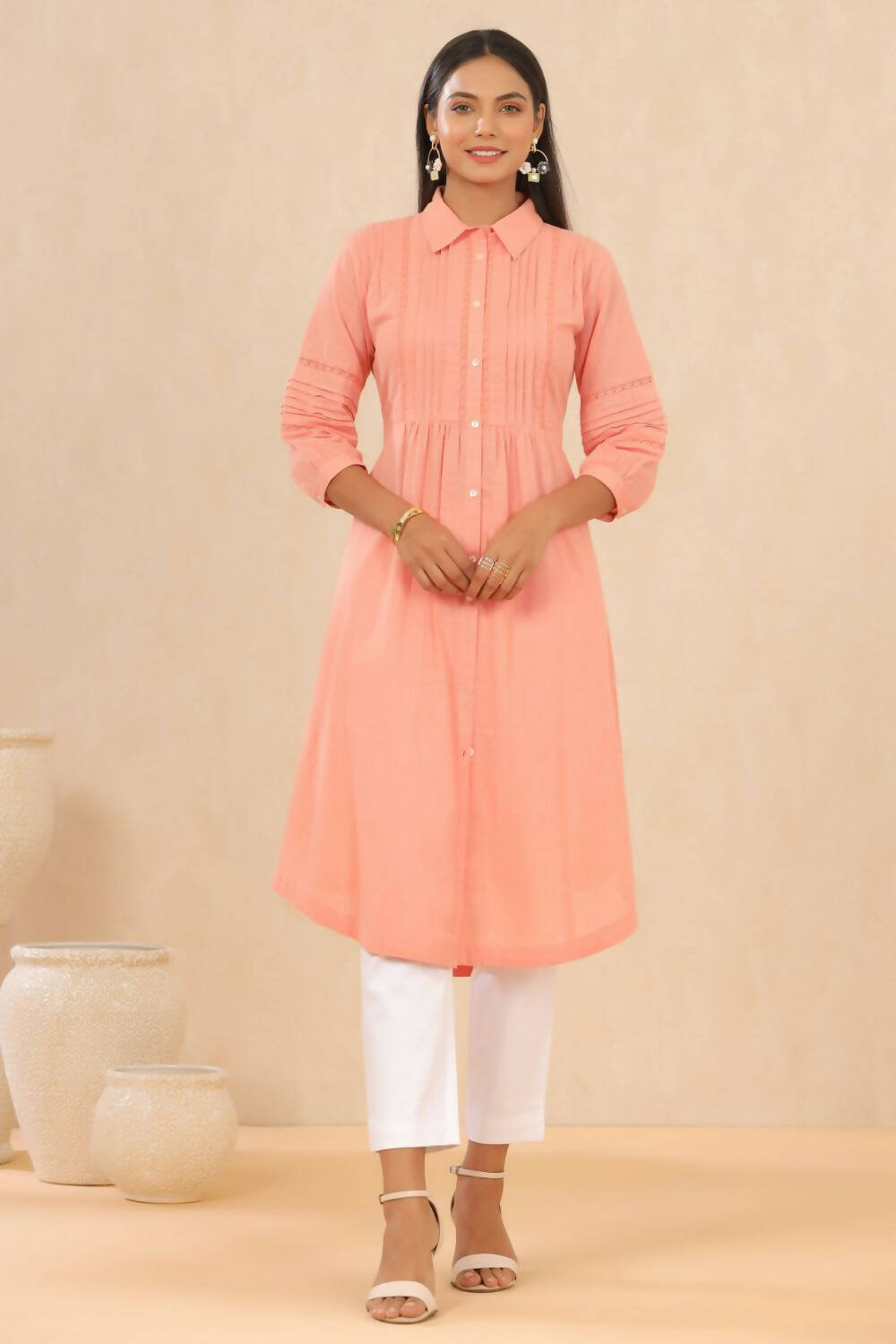 Juniper Womens Blush Pink Cotton Slub Solid Mid Length Shirt Dress With Lace Detailing | Grocsy