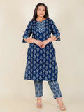 Aramya Blue Soft Cotton Floral Print Straight Kurta Set for Women | Grocsy