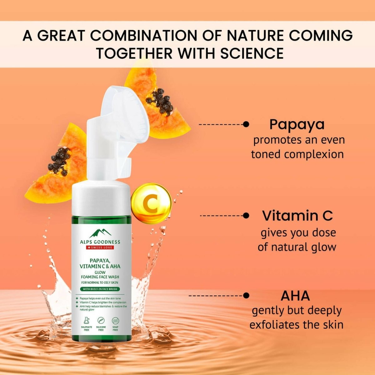Alps Goodness Papaya, Vitamin C & AHA Glow Foaming Face Wash | Grocsy