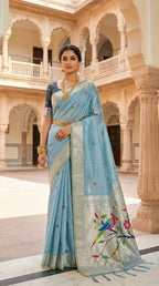 Vastranavya Sky Blue Muga Cotton Meenakari & Munia Weaving Pallu Saree with Contrast Blouse | Grocsy