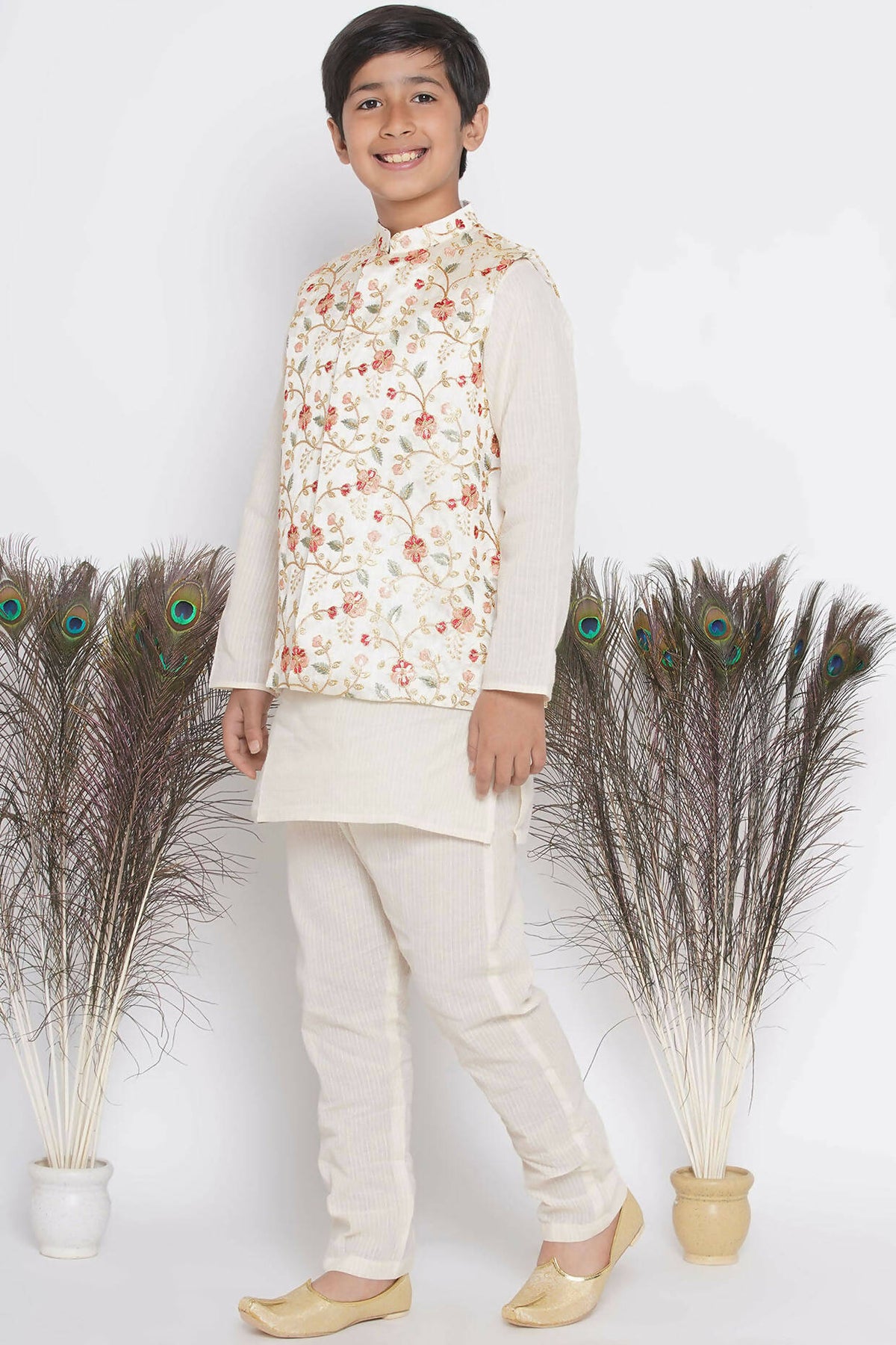 Little Bansi Banarsi Floral Embroidery Jacket with Cotton Kantha kurta and Kantha Pyjama - Cream | Grocsy